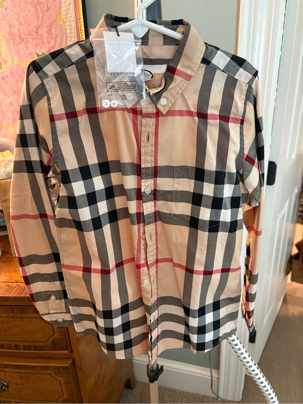Burberry Beige Plaid Button-Down Shirt with Black & Red Accents